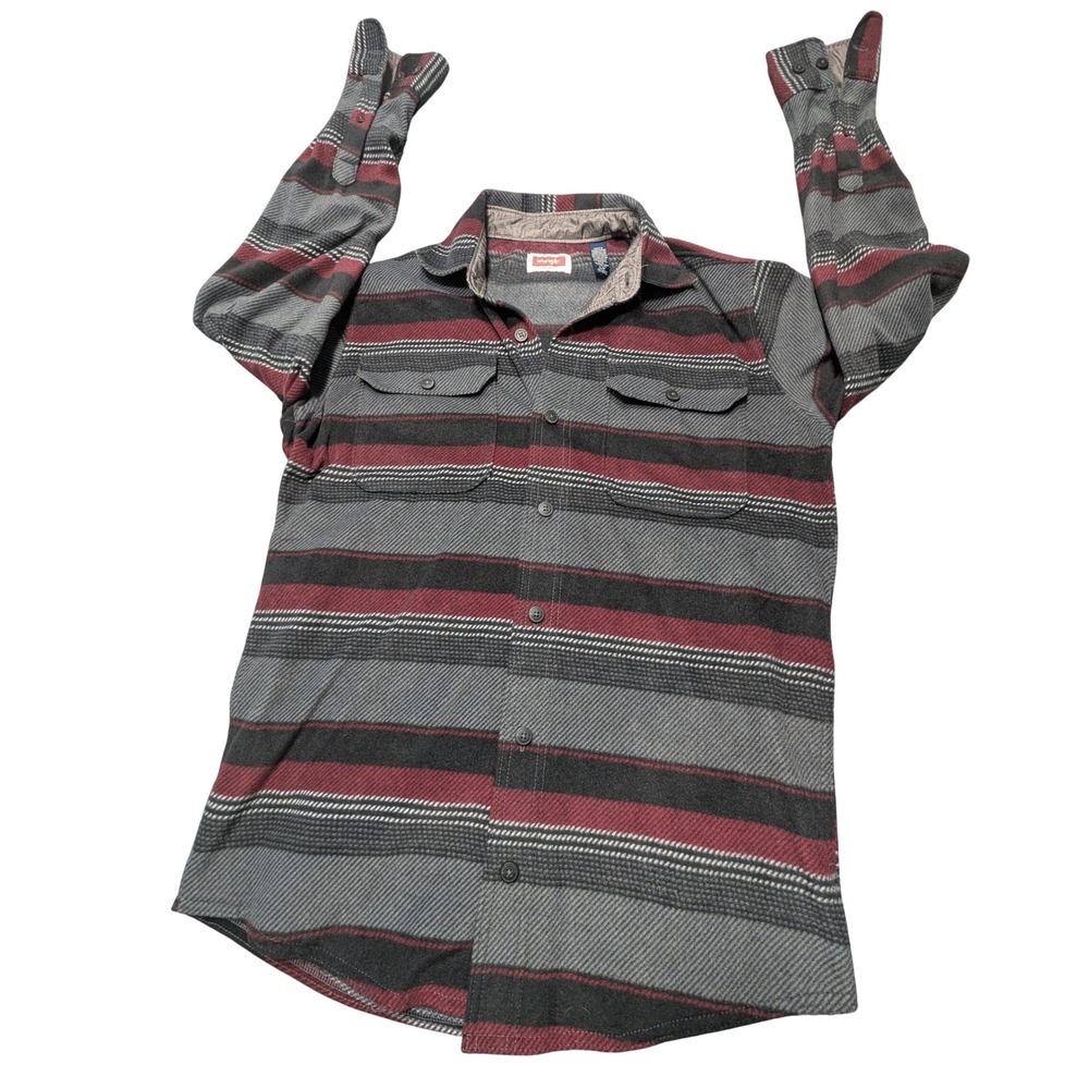 Wrangler Mens Striped Fleece Button Down Shirt Grey Burgundy Small DB2-19G